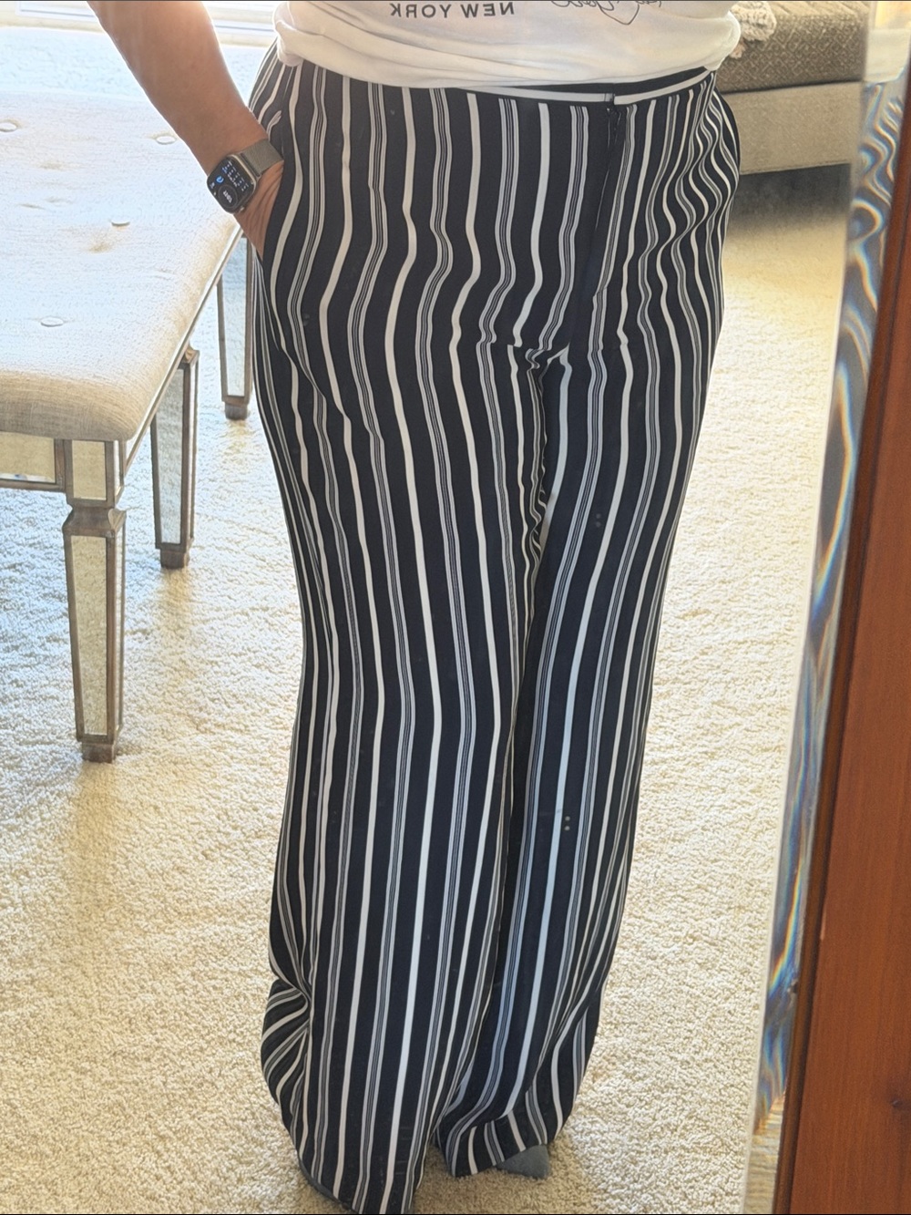 Ann Taylor Blue & White Vertical Stripe Wide-Leg Pants